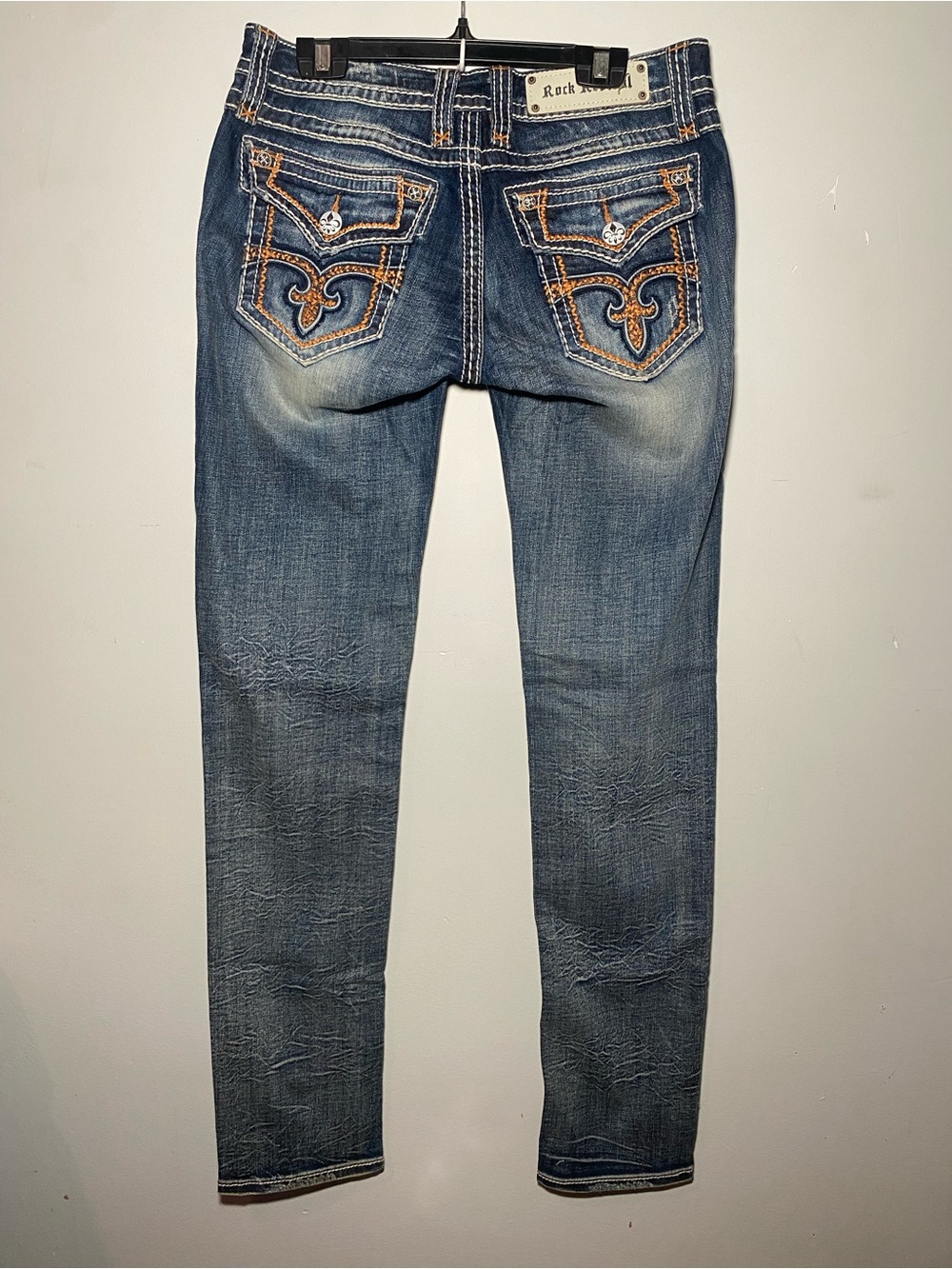 Rock Revival Slightly Distressed Blue Embroidered Slim Jeans